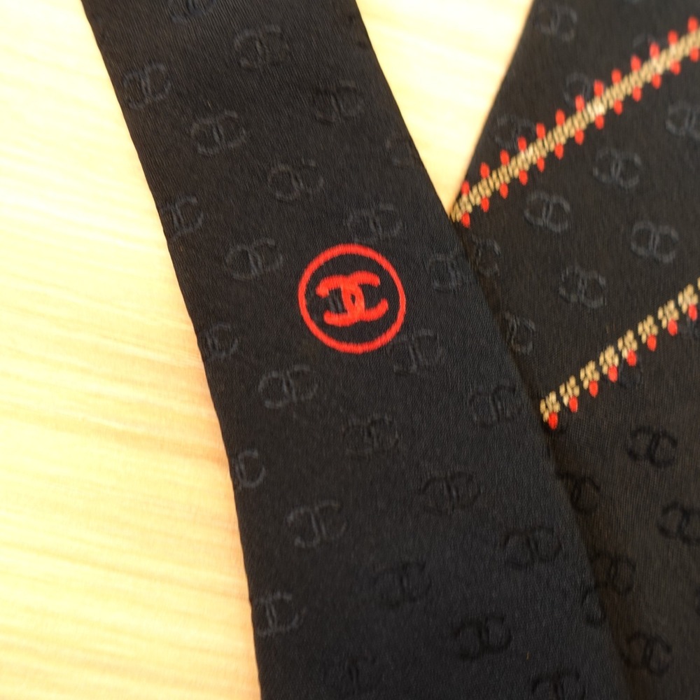 CHANEL Neck Tie Men Black CC Monogram Logo Stripe Silk French Luxury FRANCE $425 - Picture 10 of 16
